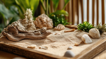 Close-up of dry tray garden with miniature driftwood, pebbles, and sand art, creating a beach-inspired aestheticの素材
