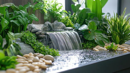Close-up of wet tray garden with a small waterfall, smooth pebbles, and lush greenery for a calming, balanced sceneの素材