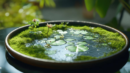Wet tray garden decorated with soft moss, tiny lily pads, and clear water reflecting a serene atmosphereの素材