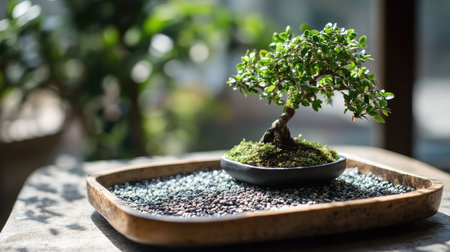 Dry tray garden close-up with bonsai and gravel, artfully arranged in a zen-inspired trayの素材