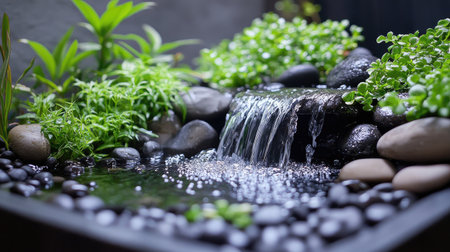 Wet tray garden close-up with miniature waterfall, smooth stones, and tiny plants, a serene and balanced sceneの素材