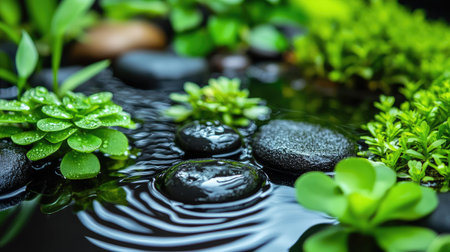 Close-up of wet tray garden with smooth stones, water ripples, and lush greenery, capturing a tranquil sceneの素材