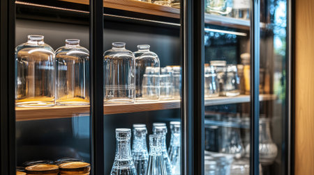 A fully stocked water cabinet, glass doors revealing organized shelves of water pitchers and carafes.の素材
