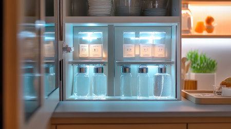 A water cabinet with frosted glass doors, soft interior lighting highlighting water dispensers.の素材
