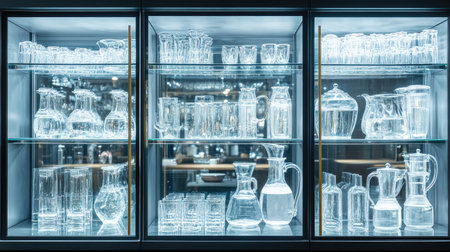 A fully stocked water cabinet, glass doors revealing organized shelves of water pitchers and carafes.の素材
