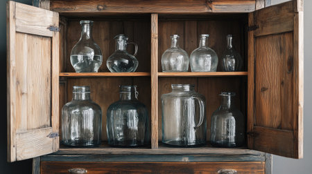 Rustic wooden water cabinet with open doors, displaying vintage glass jugs filled with fresh water.の素材