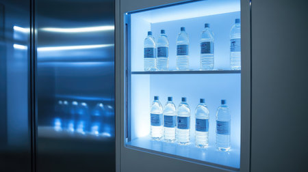 A water cabinet with frosted glass doors, soft interior lighting highlighting water dispensers.の素材