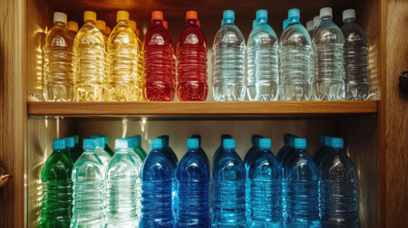 Top-down view of an organized water cabinet, colorful water bottles lined up against wooden shelves.の素材