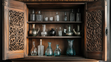 Water cabinet with intricate wooden detailing, open to reveal artisanal water pitchers and a rustic vibe.の素材