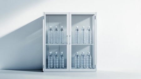 Minimalist water cabinet with glass doors and neatly stacked water bottles, on a clean white background.の素材