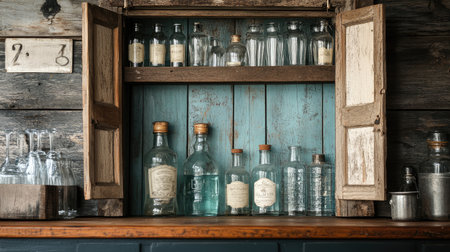 Rustic water cabinet made from reclaimed wood, bottles and jugs arranged for a charming look.の素材