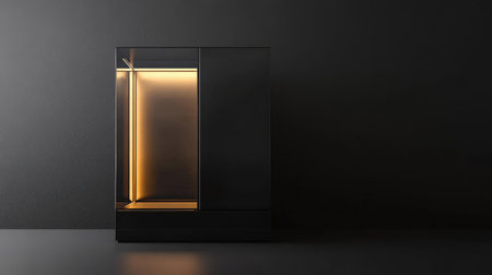 Minimalist water cabinet, matte black finish, illuminated by soft ambient lighting.の素材