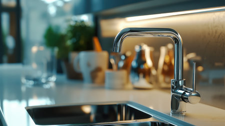 Close-up of a water cabinet handle, chrome finish reflecting subtle highlights in a modern kitchen.の素材