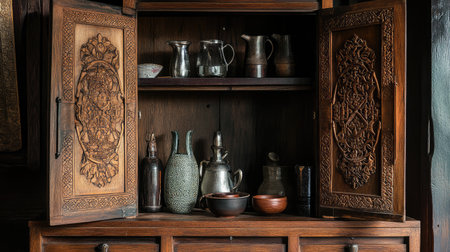 Water cabinet with intricate wooden detailing, open to reveal artisanal water pitchers and a rustic vibe.の素材