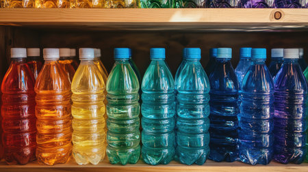 Top-down view of an organized water cabinet, colorful water bottles lined up against wooden shelves.の素材