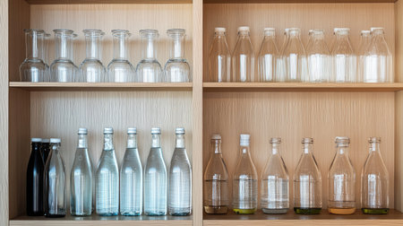 Water cabinet with open shelving, showcasing eco-friendly water bottles and jars, minimal decor.の素材