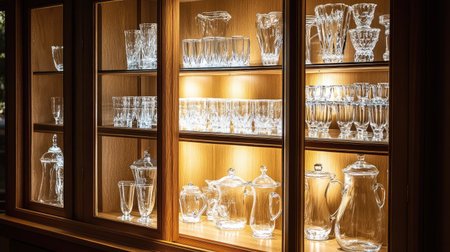 Water cabinet with sliding glass doors, showcasing neatly arranged glass pitchers and elegant lighting.の素材
