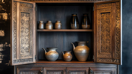 Water cabinet with intricate wooden detailing, open to reveal artisanal water pitchers and a rustic vibe.の素材