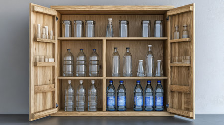 Water cabinet with open shelving, showcasing eco-friendly water bottles and jars, minimal decor.の素材