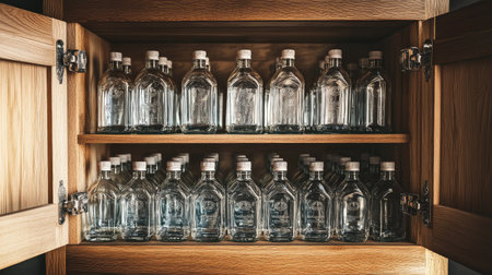 Top view of an open water cabinet, glass bottles filled with water arranged neatly on wooden shelves.の素材