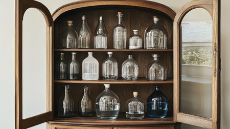 Water cabinet with elegant curved doors, inside stocked with assorted water containers in various styles.の素材
