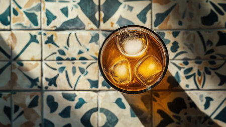 Top view of a glass of iced coffee on a patterned tile table, with bright highlights and contrasting textures.の素材