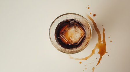 A glass of iced coffee viewed from above on a simple white table, with subtle coffee ring stains around the glass.の素材