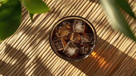 Overhead shot of iced coffee glass with ice cubes, on a bamboo mat with a calming and neutral background.の素材