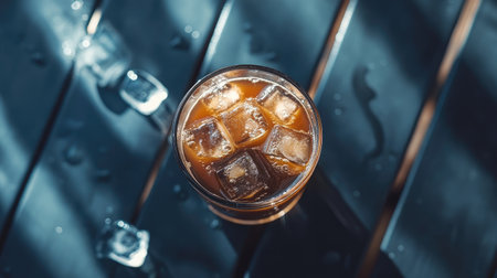 Top view of iced coffee with ice cubes, placed neatly on a simple black table with soft shadows around.の素材