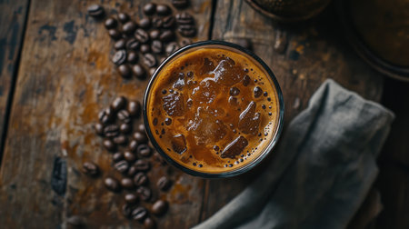 Focused top-down shot of iced coffee on a rustic wooden table, surrounded by coffee beans and a simple napkin.の素材