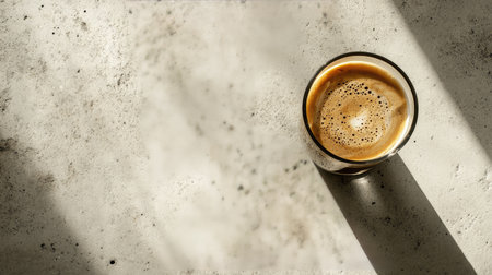 A focused top-down image of iced coffee with layers of milk and espresso, on a concrete table with minimalist decor.の素材