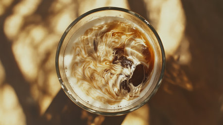 Focused overhead shot of iced coffee with milk swirling, on a table with faint sunlight creating an elegant composition.の素材