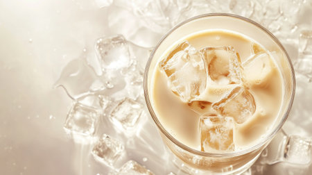 Overhead view of a glass of iced coffee with milk poured in, on a sleek white table, ice cubes floating on top.の素材