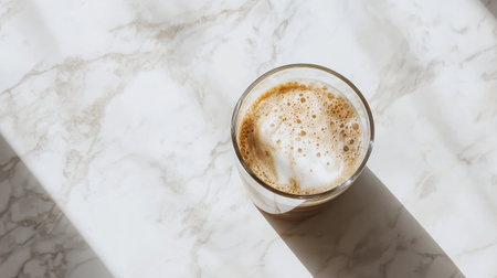 Overhead view of iced coffee glass with visible coffee layers, sitting on a white marble table with a clean aesthetic.の素材