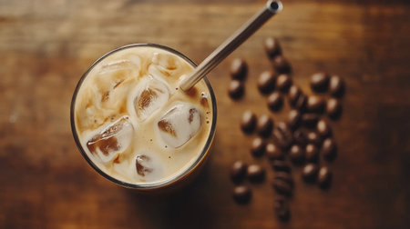 Top view of iced coffee in a frosted glass with a metal straw, set on a smooth wooden surface with scattered coffee beans.の素材