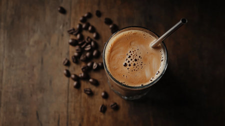 Top view of iced coffee in a frosted glass with a metal straw, set on a smooth wooden surface with scattered coffee beans.の素材