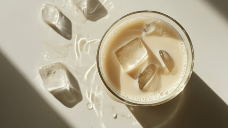 Overhead view of a glass of iced coffee with milk poured in, on a sleek white table, ice cubes floating on top.の素材