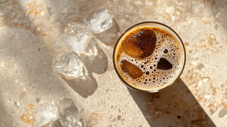 Focused top view of iced coffee with foam, on a terrazzo-style table, ice glistening in the sunlight.の素材