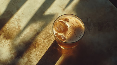 Overhead shot of iced coffee with condensation on the glass, placed on a table with soft morning light casting shadows.の素材