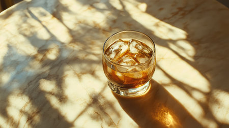 Overhead shot of iced coffee with condensation on the glass, placed on a table with soft morning light casting shadows.の素材