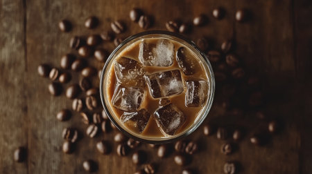 Top view focus shot of a glass of iced coffee with ice cubes on a wooden table, surrounded by coffee beans. Minimalistic background.の素材