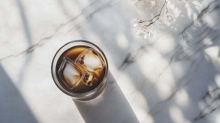 Overhead view of iced coffee glass with visible coffee layers, sitting on a white marble table with a clean aesthetic.の素材