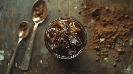 Top view of a refreshing iced coffee glass on a rustic wooden table, scattered coffee grounds and spoon nearby.の素材