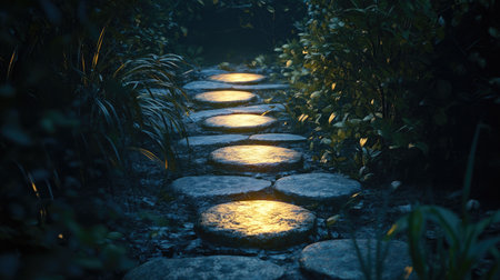 A focus point of light illuminating stepping stones arranged like a path, showing key strategies.の素材
