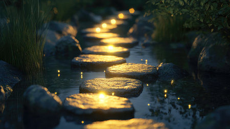 A focus point of light illuminating stepping stones arranged like a path, showing key strategies.の素材