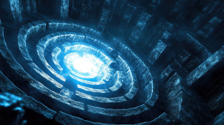 A glowing focus point at the end of a labyrinthine path, signifying business strategy solutions.の素材
