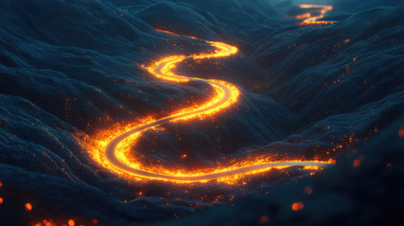 A road winding through hills, with the endpoint glowing in golden light, symbolizing achieved goals.の素材