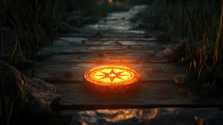 A glowing compass on a wooden path, pointing to a bright focus point, symbolizing strategic direction.の素材