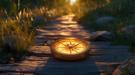 A glowing compass on a wooden path, pointing to a bright focus point, symbolizing strategic direction.の素材
