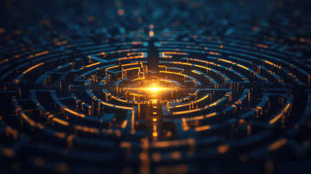 A glowing focus point at the end of a labyrinthine path, signifying business strategy solutions.の素材
